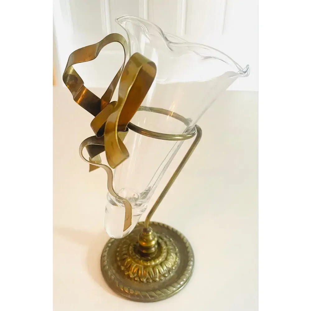 Vintage Petites Choses Brass Ribbon & Glass Bud Vase Trumpet Flute 6.5